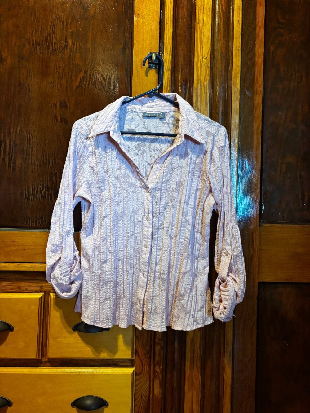 Apt. 9 Rolled Tab Sleeves Pastel Pink Sheer Floral Button Down Size Petite L